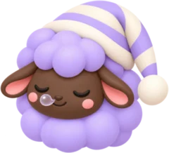 A sleepy purple sheep in a striped nightcap