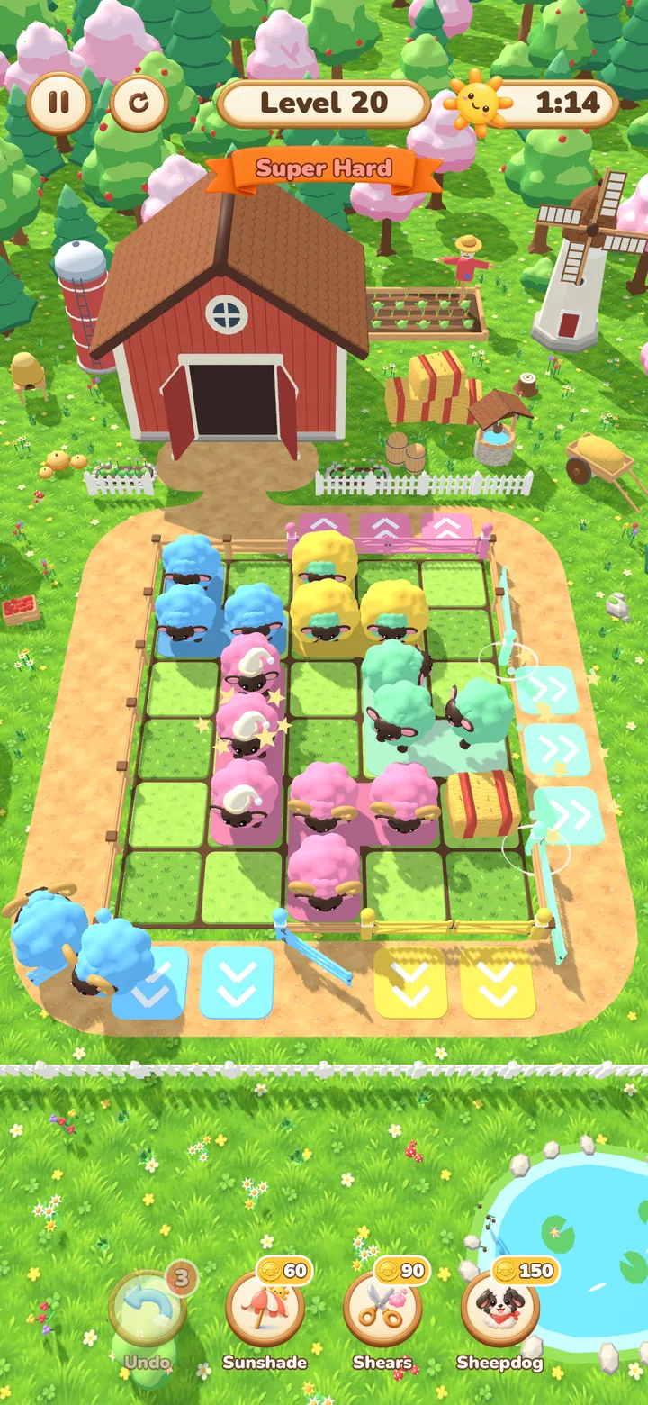 Baa Jam Level 20: blue, yellow, mint and pink sheep flocks on a fenced grass grid with matching coloured gates, a red barn and blossom trees behind