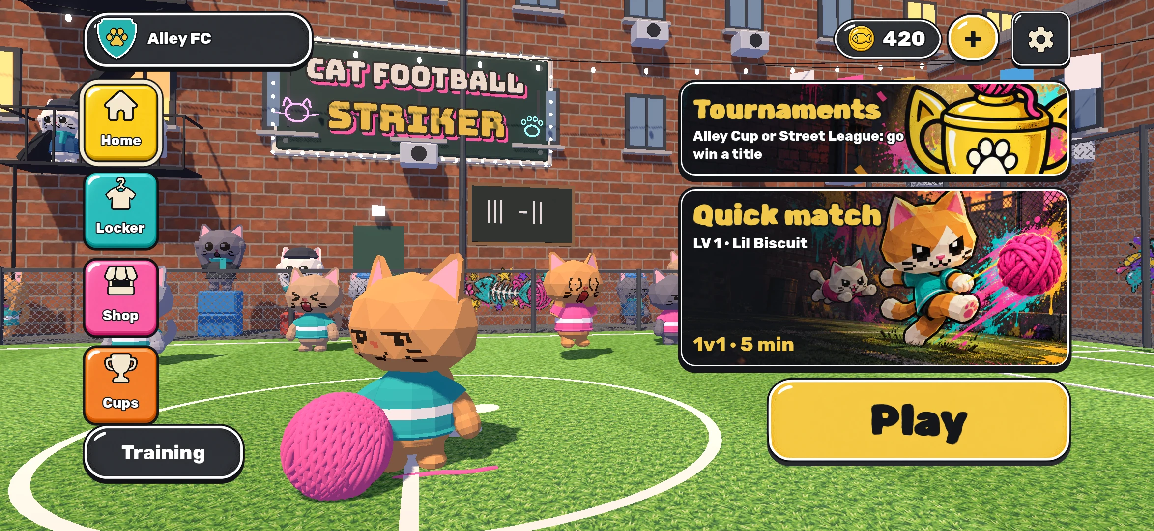 Kedi, pembe yumak ve arka sokak stadıyla Cat Football Striker ana ekranı