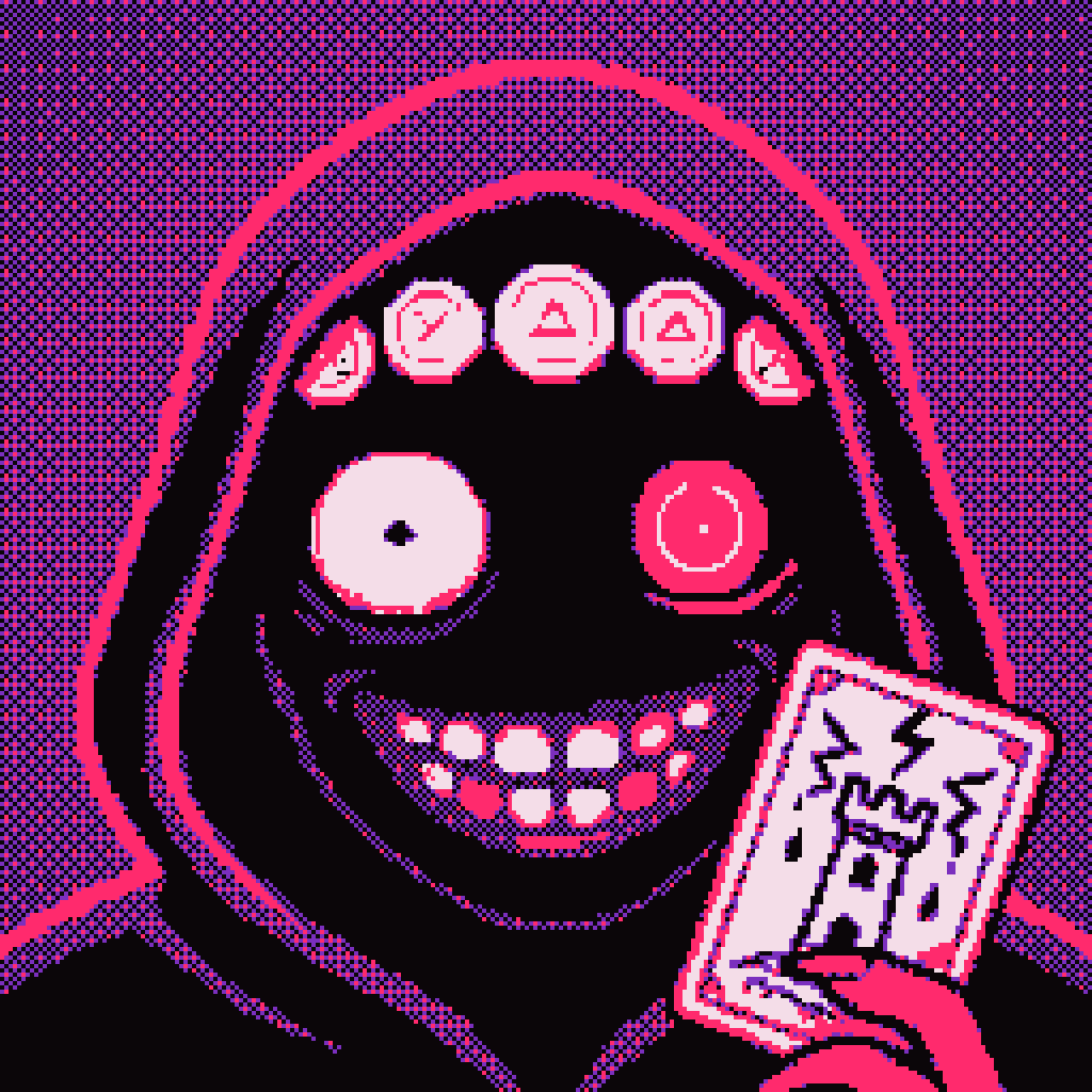 A grinning, hooded fortune-teller holding a tarot card in magenta and violet pixel art