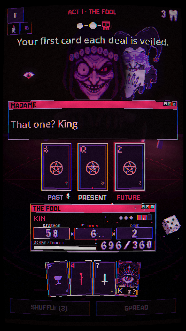 The Fool boss peers behind Madame while a three-card spread scores 696 against a target of 360