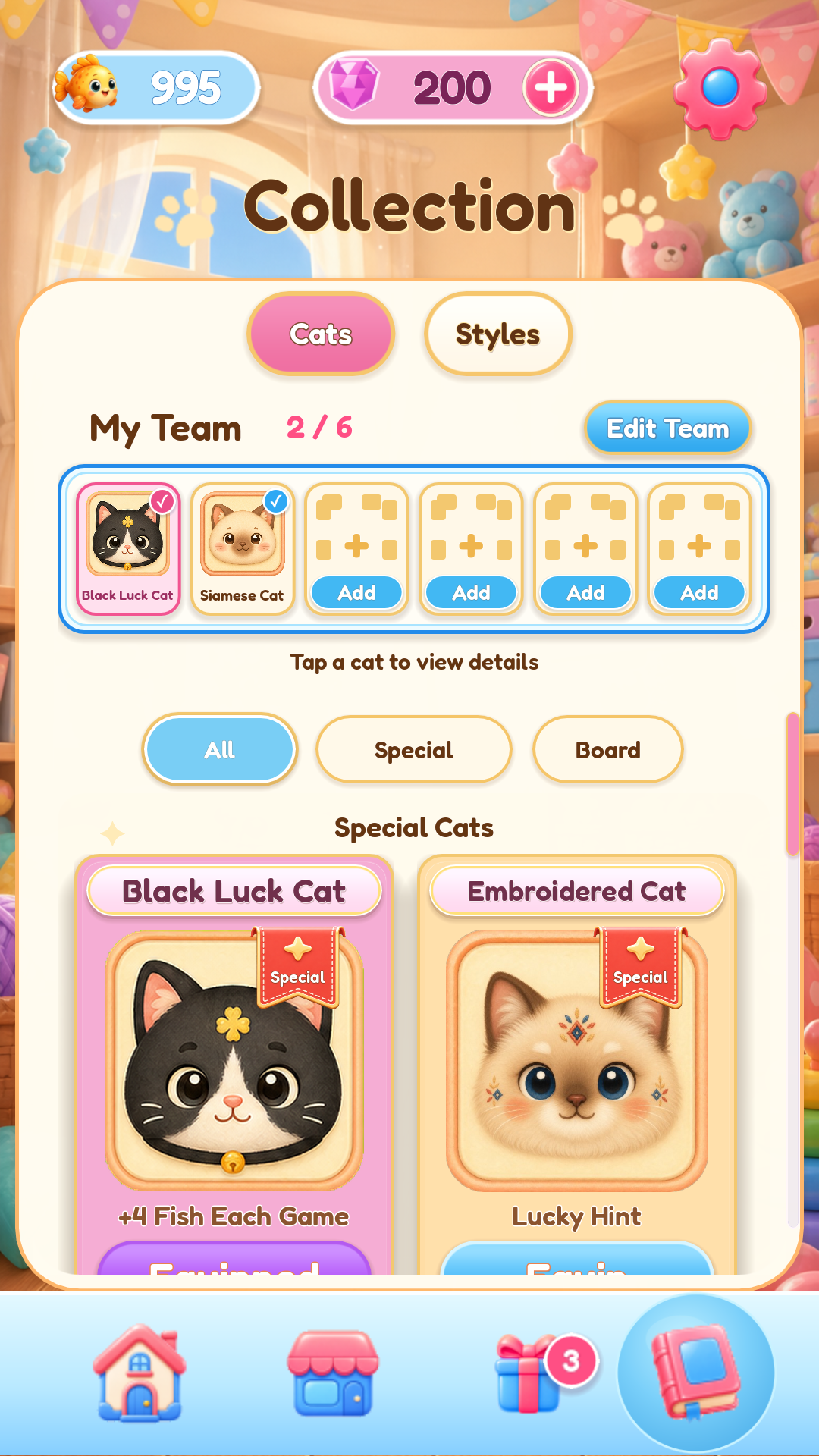 Current MewMeow Escape Collection screen showing the active team and special cat cards