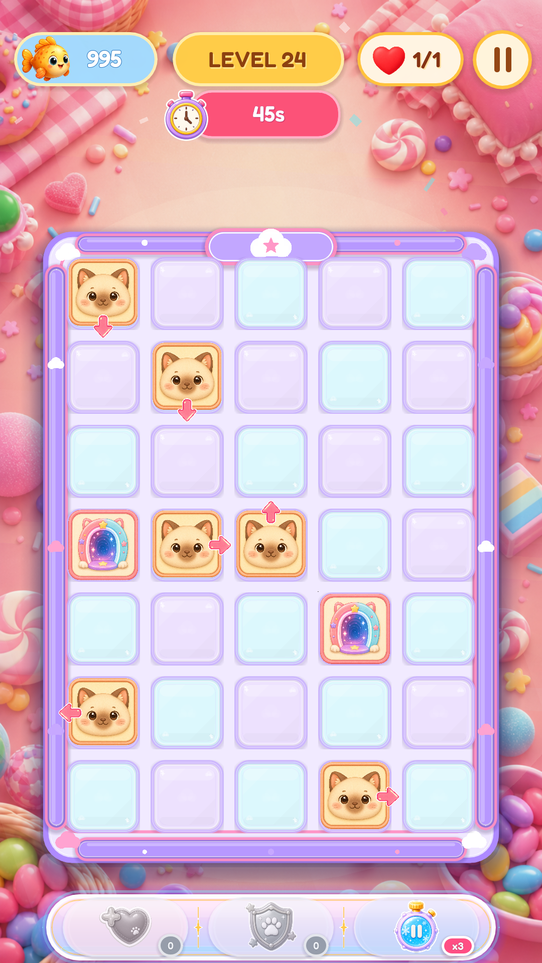 Current MewMeow Escape Level 24 board with directional cat tiles, portals and the latest power-up tray