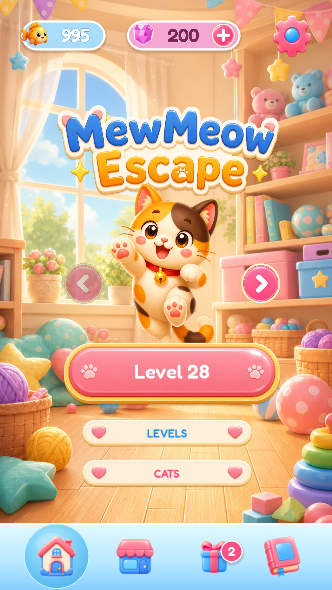 Current MewMeow Escape home screen with the calico cat mascot and Level 28 button