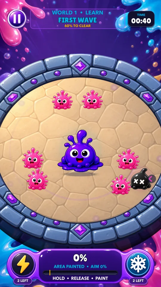 Paint Waves arena showing Pulsi, colourful monsters and the timing ring