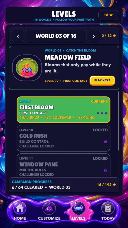 Paint Waves level screen with world and level previews