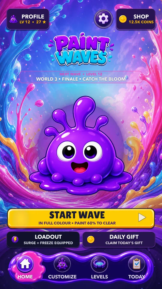 Paint Waves home screen with Pulsi and the Start Wave button