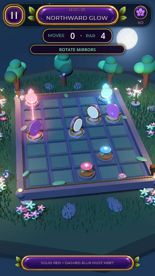 Prism Gardens puzzle board with mirrors and coloured light sources