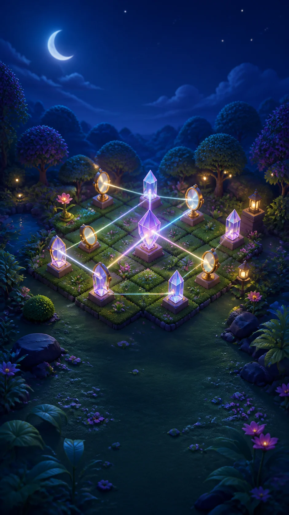 A moonlit miniature garden scene