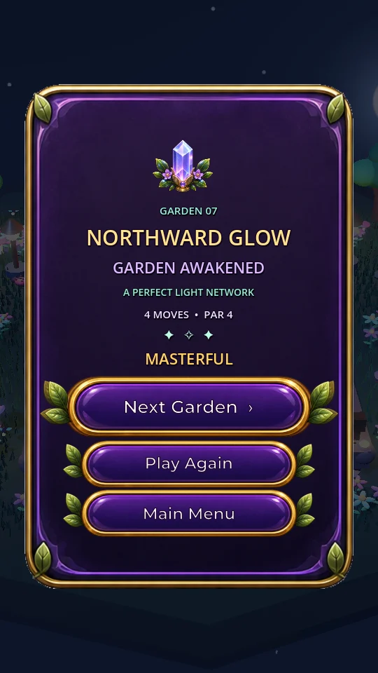 Prism Gardens completed garden result screen