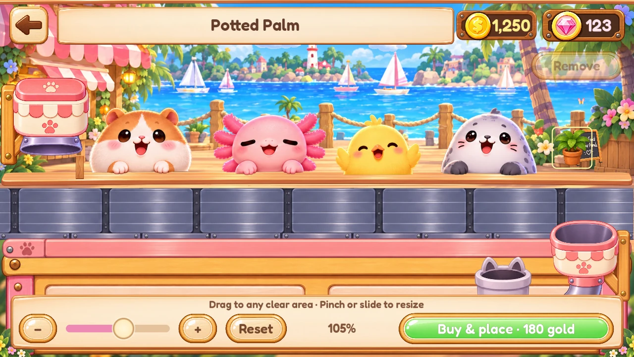 Sunny Bites decoration editor: move and resize a potted palm in the café before placing it