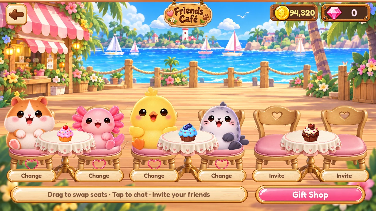 Friends Café: a hamster, axolotl, chick and seal sit together at little tables, ready to chat