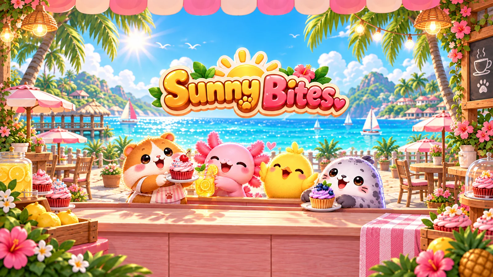 Sunny Bites animals sharing treats at their colorful seaside café