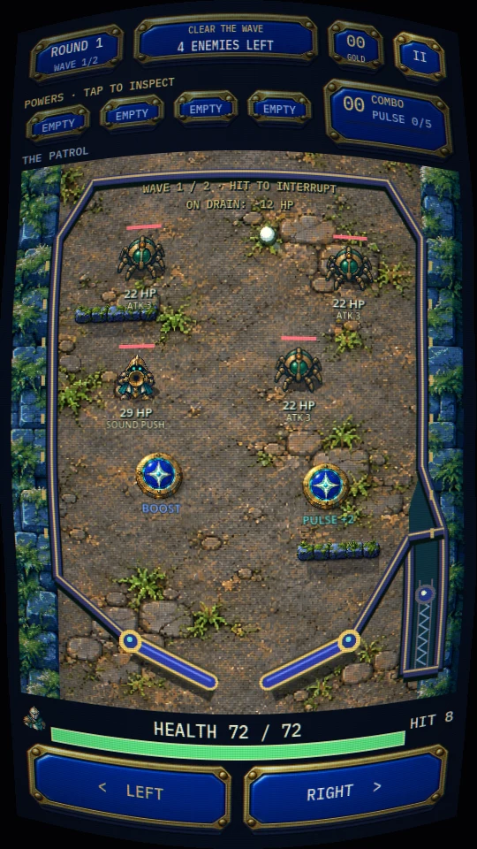 Vesperline dungeon board with monsters, glowing bumpers, health and independent flippers