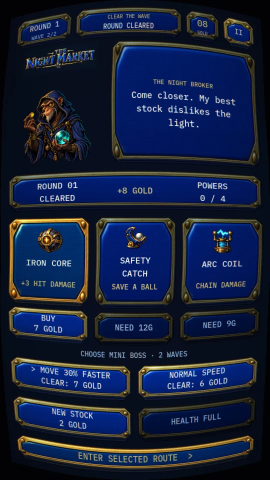 The Night Market monkey broker explains powers beside three item cards